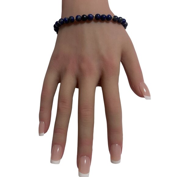 Lapis Lazuli Gemstone Beaded Stretch Bracelet with 14K Gold Accent Bead Handmade - Picture 7 of 7